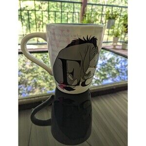 Disney Winnie the Pooh Eeyore Mug 4.5" Gray Purple White Pink Newsprint Playful